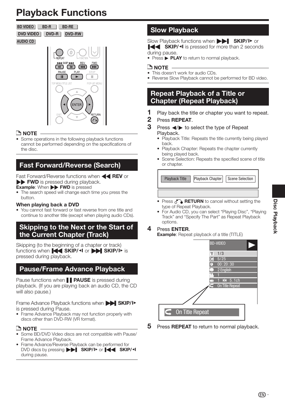 Playback functions, Fast forward/reverse (search), Pause/frame advance playback | Slow playback, On title repeat | Sharp BD-HP17U User Manual | Page 31 / 55