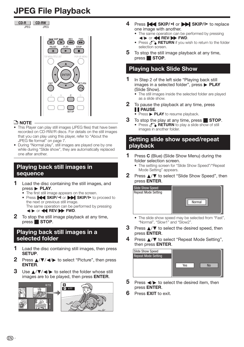 Jpeg file playback, Playing back still images in sequence, Playing back still images in a selected folder | Playing back slide show, Setting slide show speed/repeat playback | Sharp BD-HP17U User Manual | Page 34 / 55