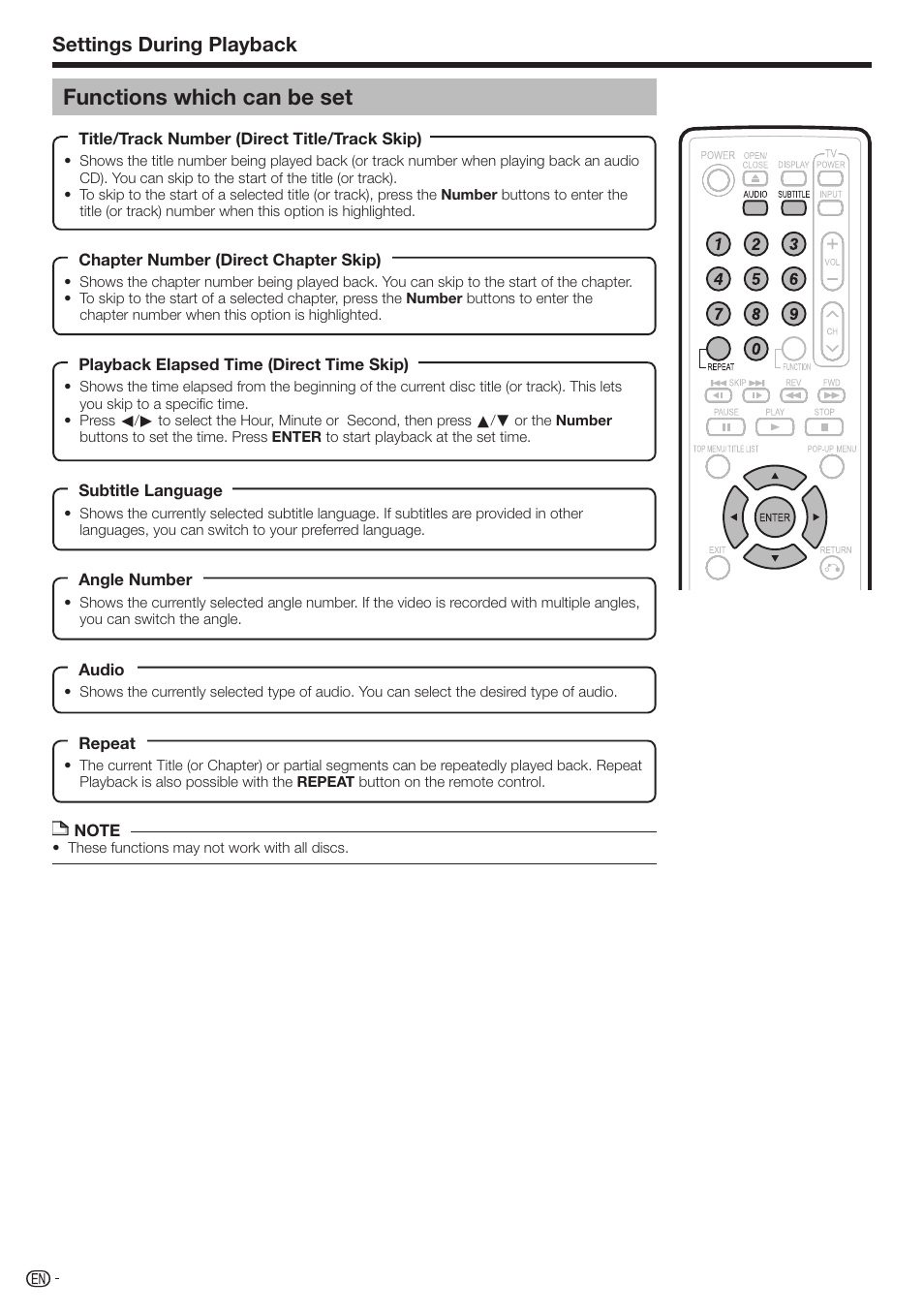 Functions which can be set, Settings during playback | Sharp BD-HP17U User Manual | Page 36 / 55