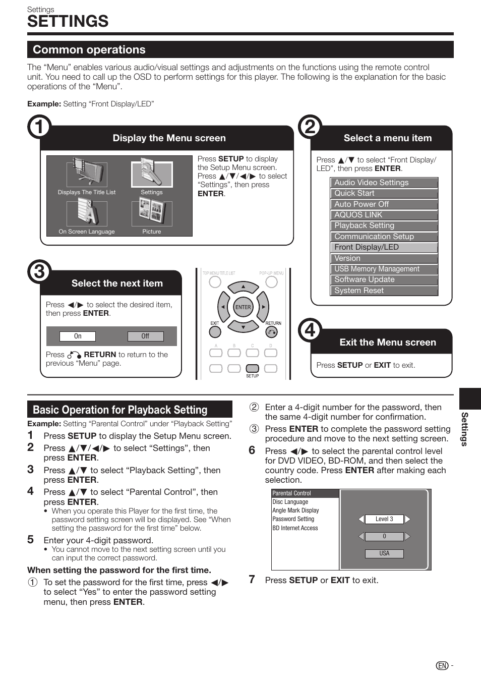 Settings, Common operations, Basic operation for playback setting | Sharp BD-HP17U User Manual | Page 37 / 55