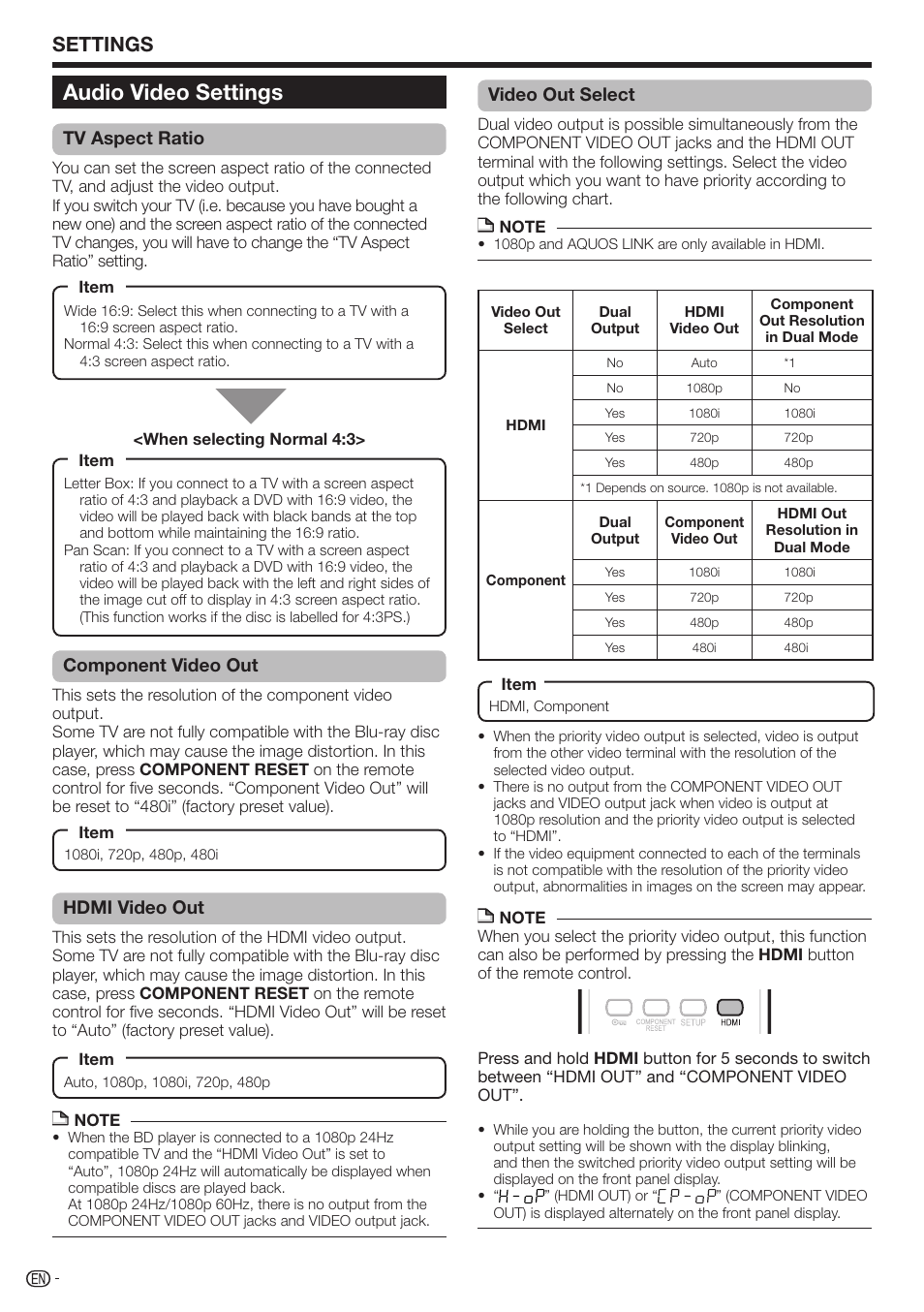 Audio video settings, Settings, Tv aspect ratio | Component video out, Hdmi video out, Video out select | Sharp BD-HP17U User Manual | Page 38 / 55