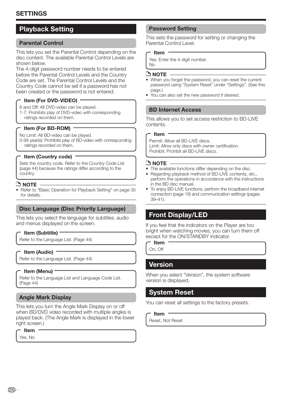 Playback setting, Front display/led, Version | System reset, Settings | Sharp BD-HP17U User Manual | Page 40 / 55