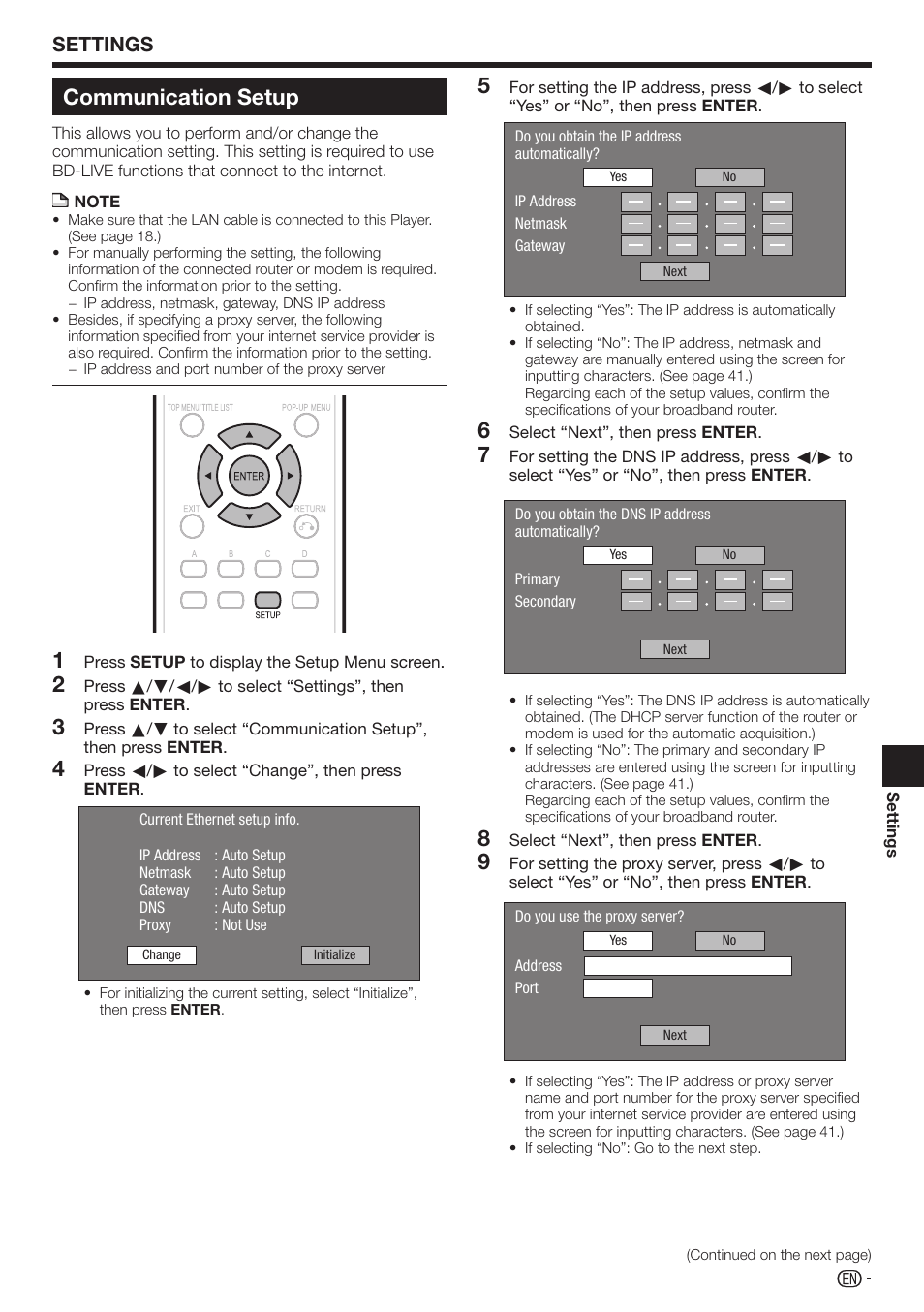 Communication setup, Settings | Sharp BD-HP17U User Manual | Page 41 / 55