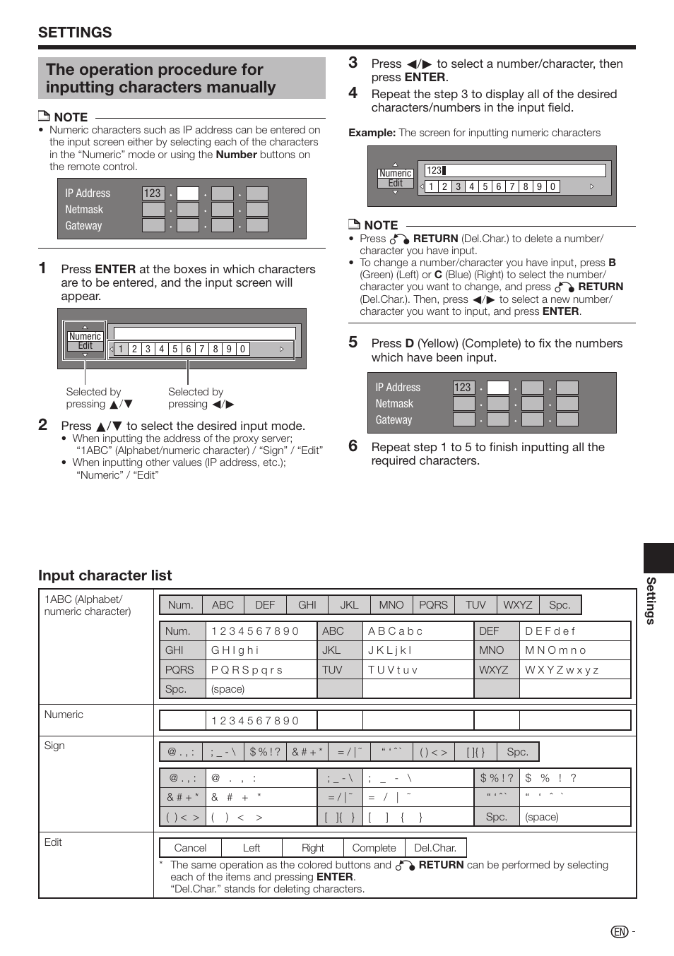 Settings, Input character list | Sharp BD-HP17U User Manual | Page 43 / 55