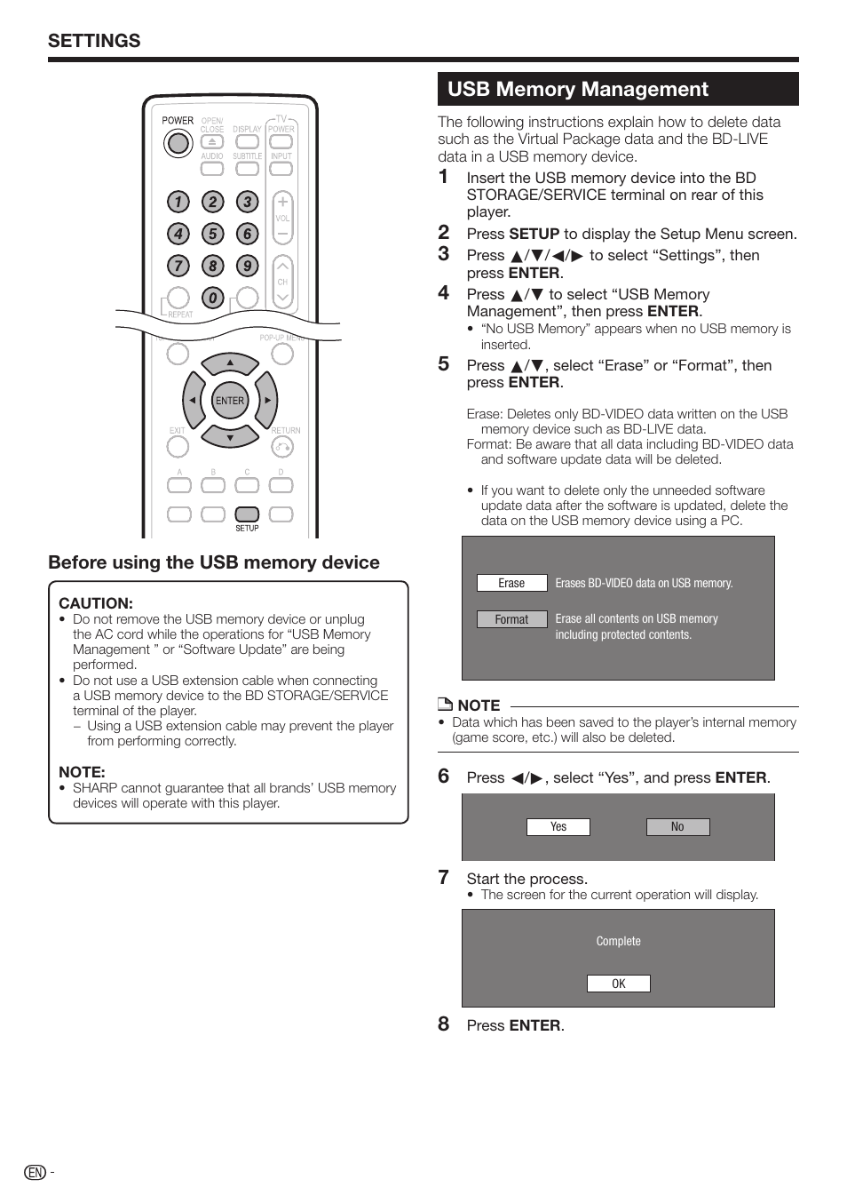 Usb memory management, Settings | Sharp BD-HP17U User Manual | Page 44 / 55