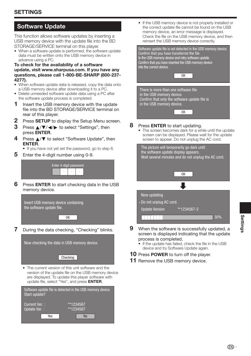 Software update, Settings | Sharp BD-HP17U User Manual | Page 45 / 55