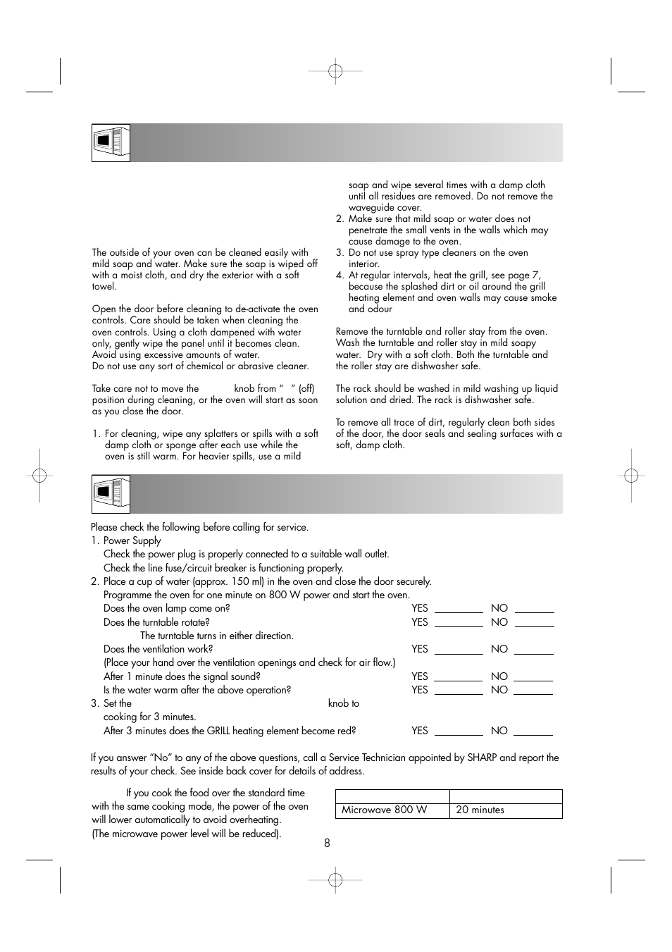 Care and cleaning service call check | Sharp ENGLISH R-605 User Manual | Page 10 / 30