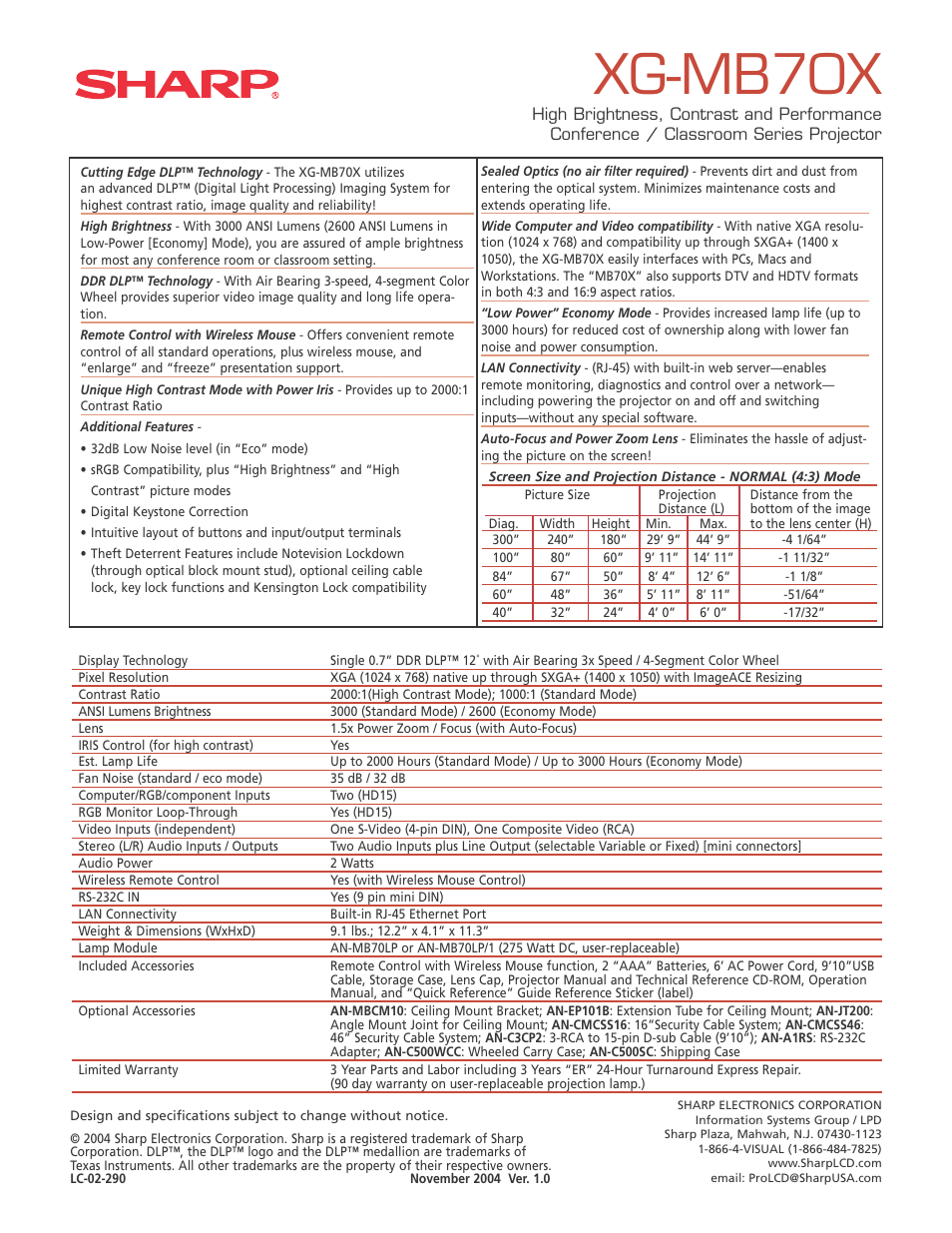 Xg-mb70x | Sharp XG-MB70X User Manual | Page 2 / 2