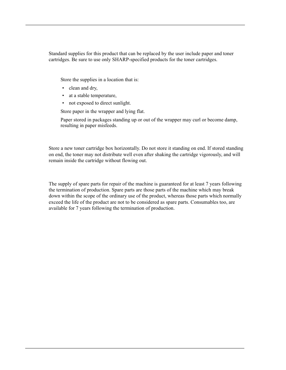 Supplies, Storage of supplies, Storing toner cartridges | Supply of spare parts and consumables, Supplies -6 | Sharp DX-B350P User Manual | Page 10 / 28