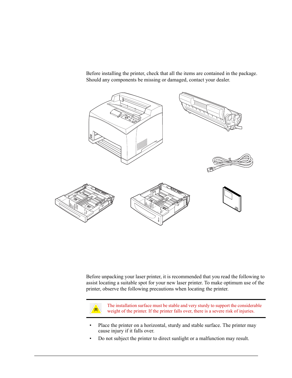 Chapter 2: basic installation, Checking your package, Preparing a location for the printer | Installation precautions, 2 basic installation -1, Installation precautions -1 | Sharp DX-B350P User Manual | Page 11 / 28