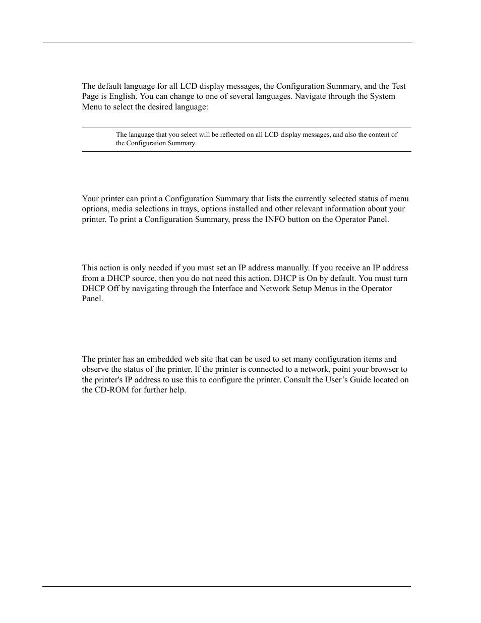 Selecting a display language, Printing a configuration summary, Setting an ip address manually | Using the embedded web site | Sharp DX-B350P User Manual | Page 20 / 28