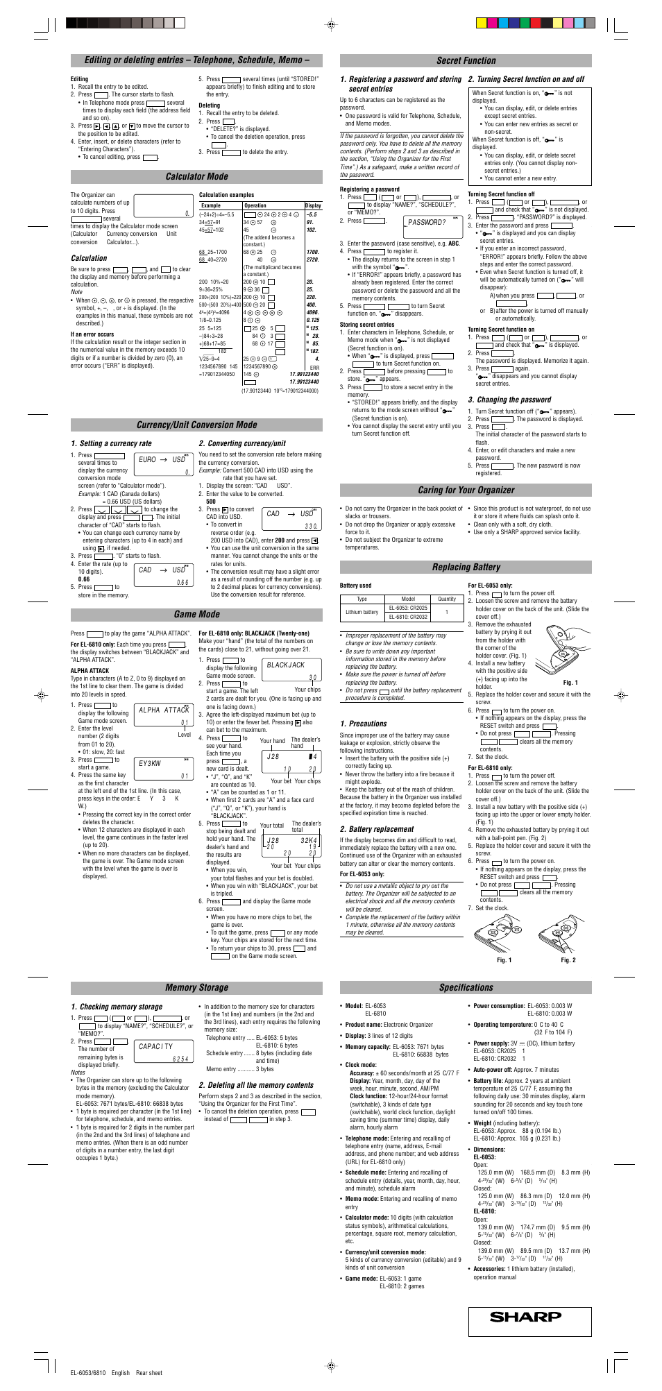 Secret function replacing battery, Specifications, Calculator mode | Game mode | Sharp EL-6053 User Manual | Page 2 / 2