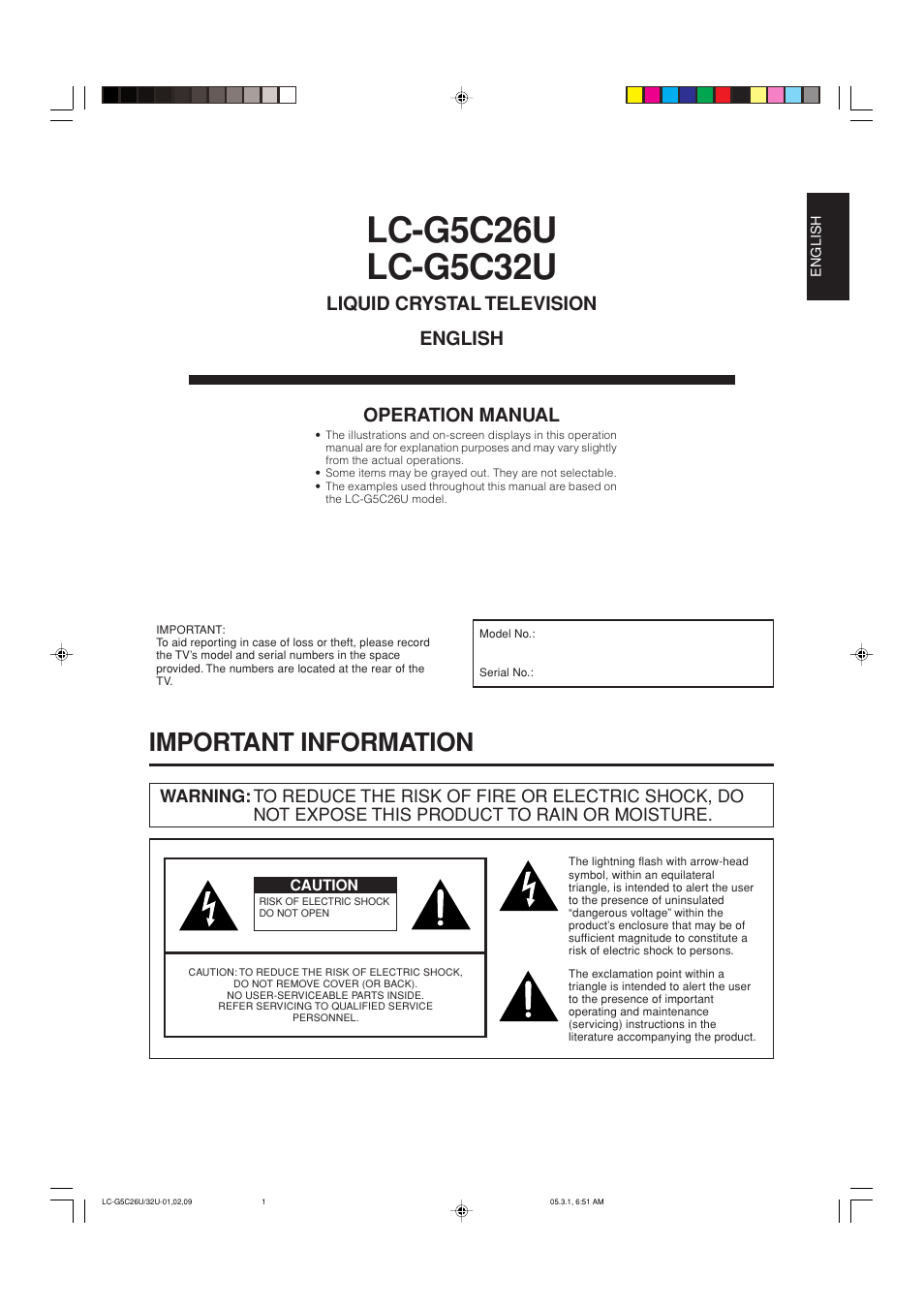 Important information, Liquid crystal television english operation manual | Sharp Aquos LC G5C32U User Manual | Page 2 / 65