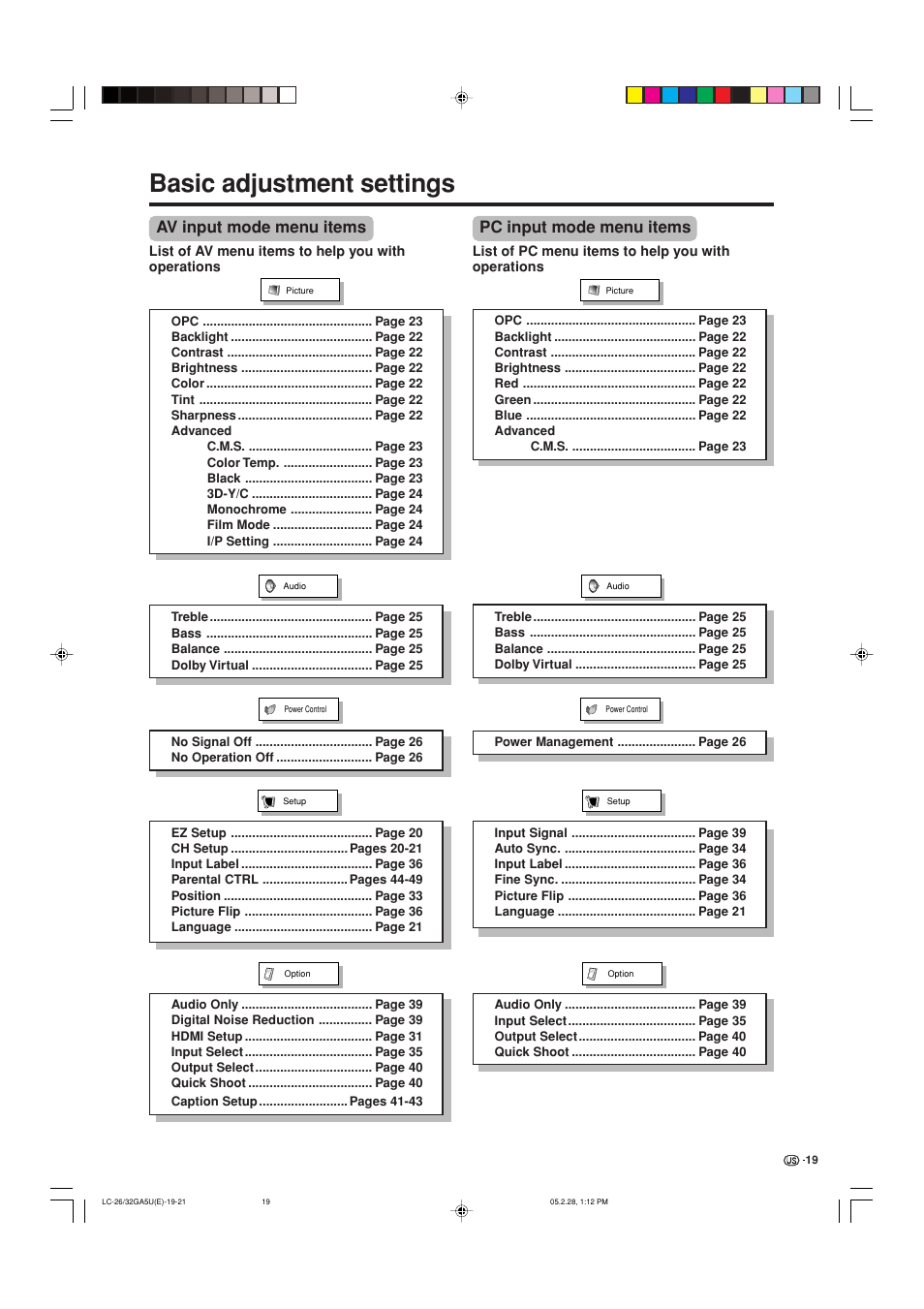 Basic adjustment settings, Av input mode menu items, Pc input mode menu items | Sharp Aquos LC G5C32U User Manual | Page 20 / 65