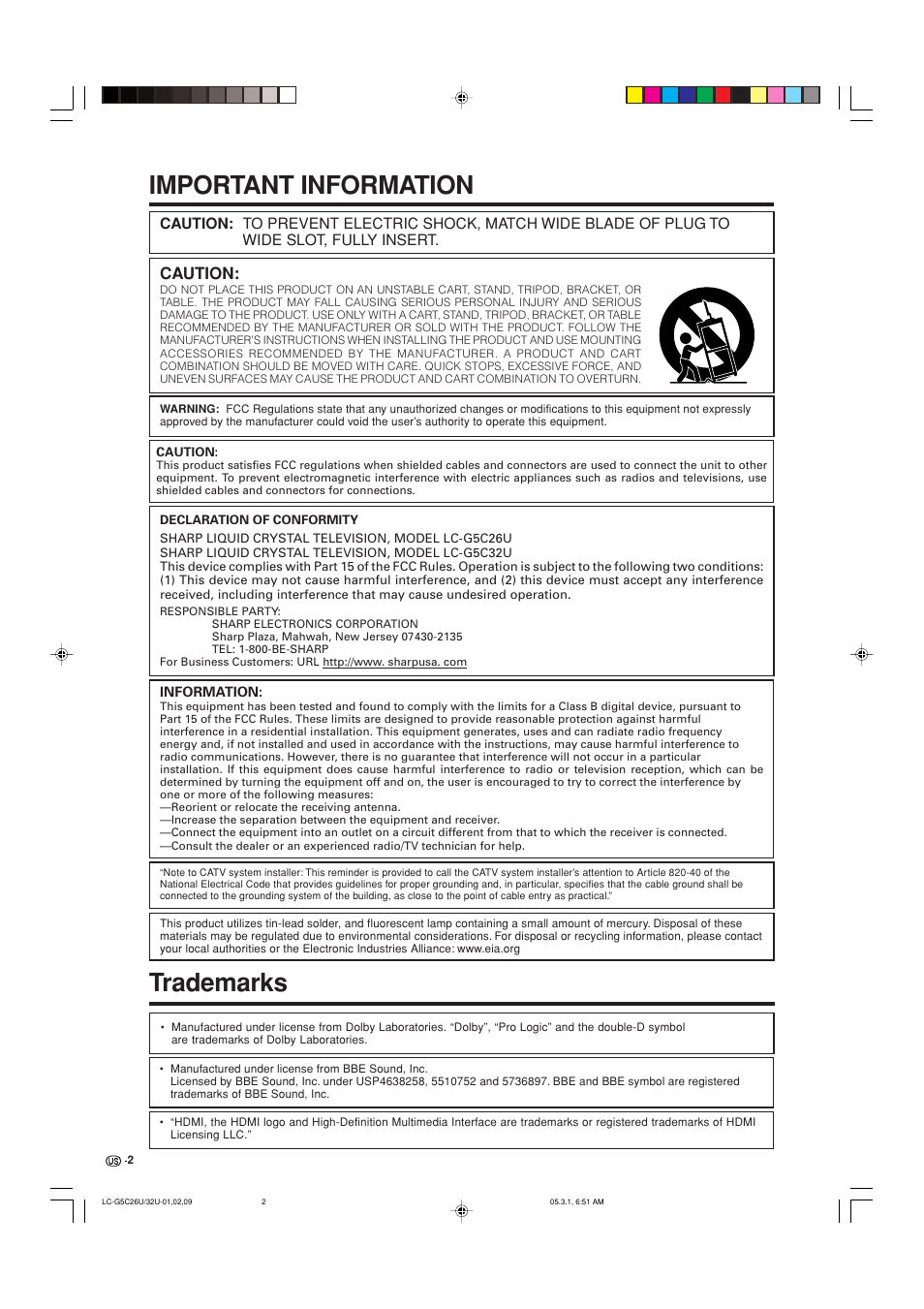 Important information, Trademarks, Caution | Sharp Aquos LC G5C32U User Manual | Page 3 / 65