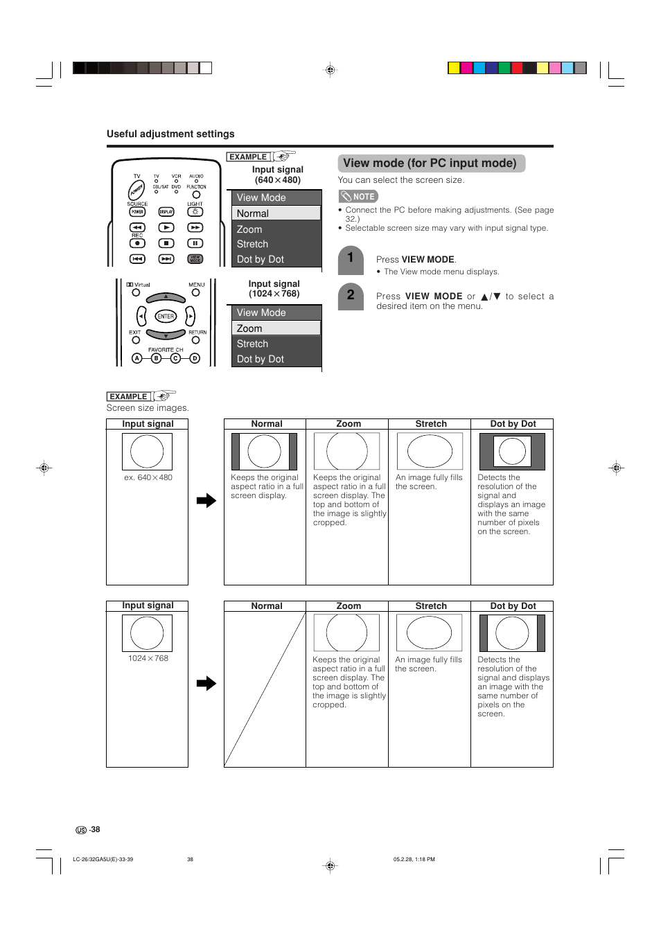 View mode (for pc input mode) | Sharp Aquos LC G5C32U User Manual | Page 39 / 65