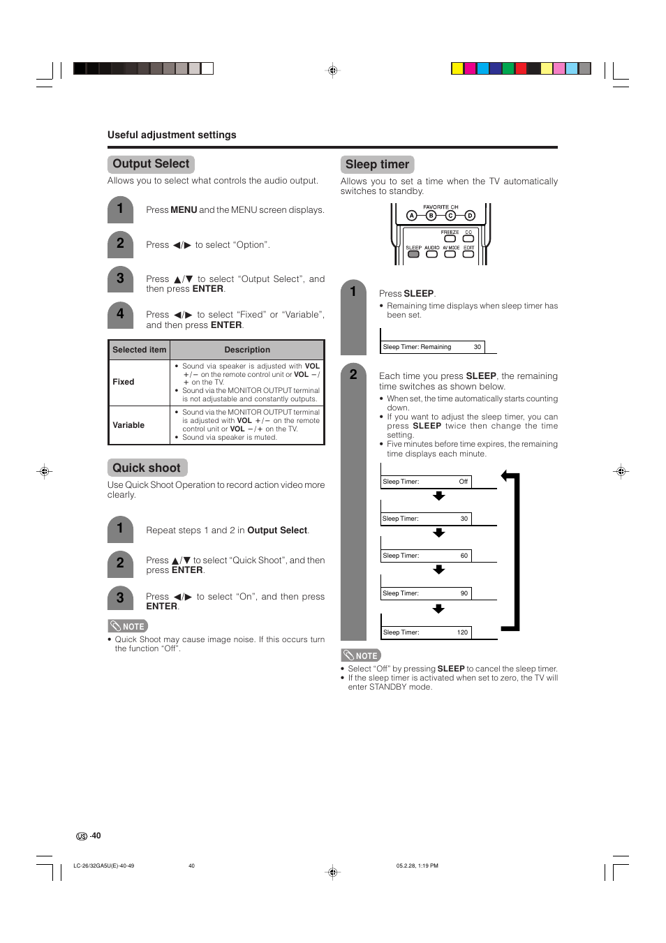 Output select, Quick shoot, Sleep timer | Sharp Aquos LC G5C32U User Manual | Page 41 / 65