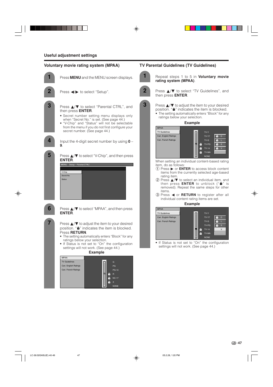 Tv parental guidelines (tv guidelines) | Sharp Aquos LC G5C32U User Manual | Page 48 / 65