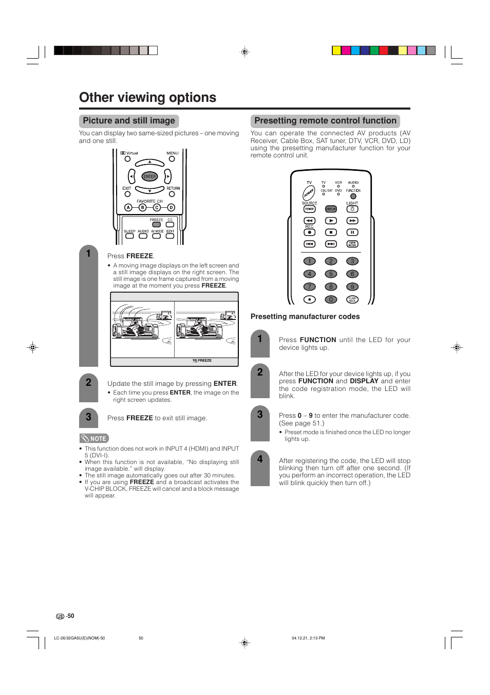 Other viewing options, Picture and still image, Presetting remote control function | Sharp Aquos LC G5C32U User Manual | Page 51 / 65