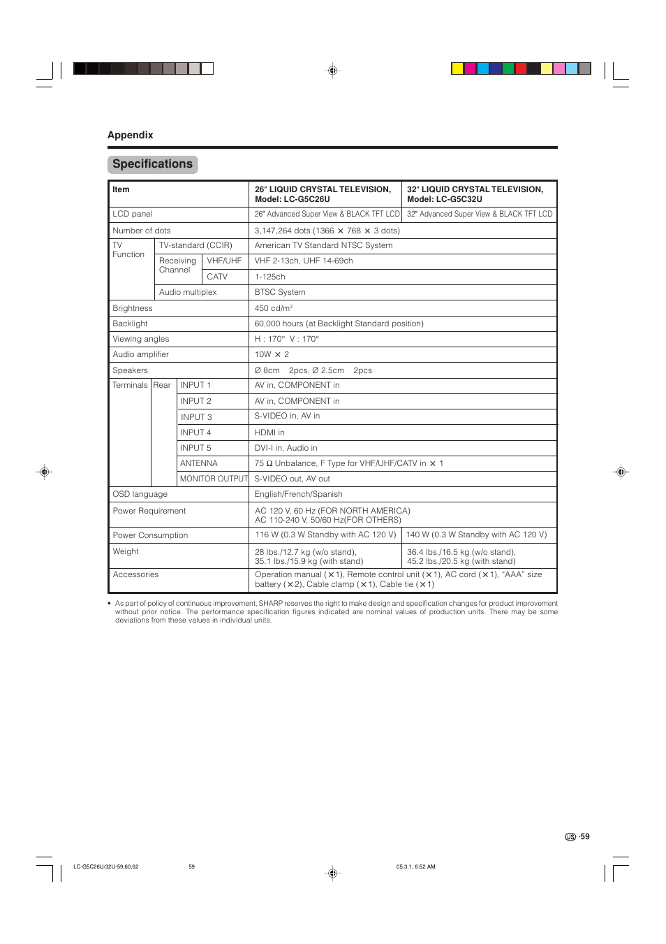 Specifications | Sharp Aquos LC G5C32U User Manual | Page 60 / 65