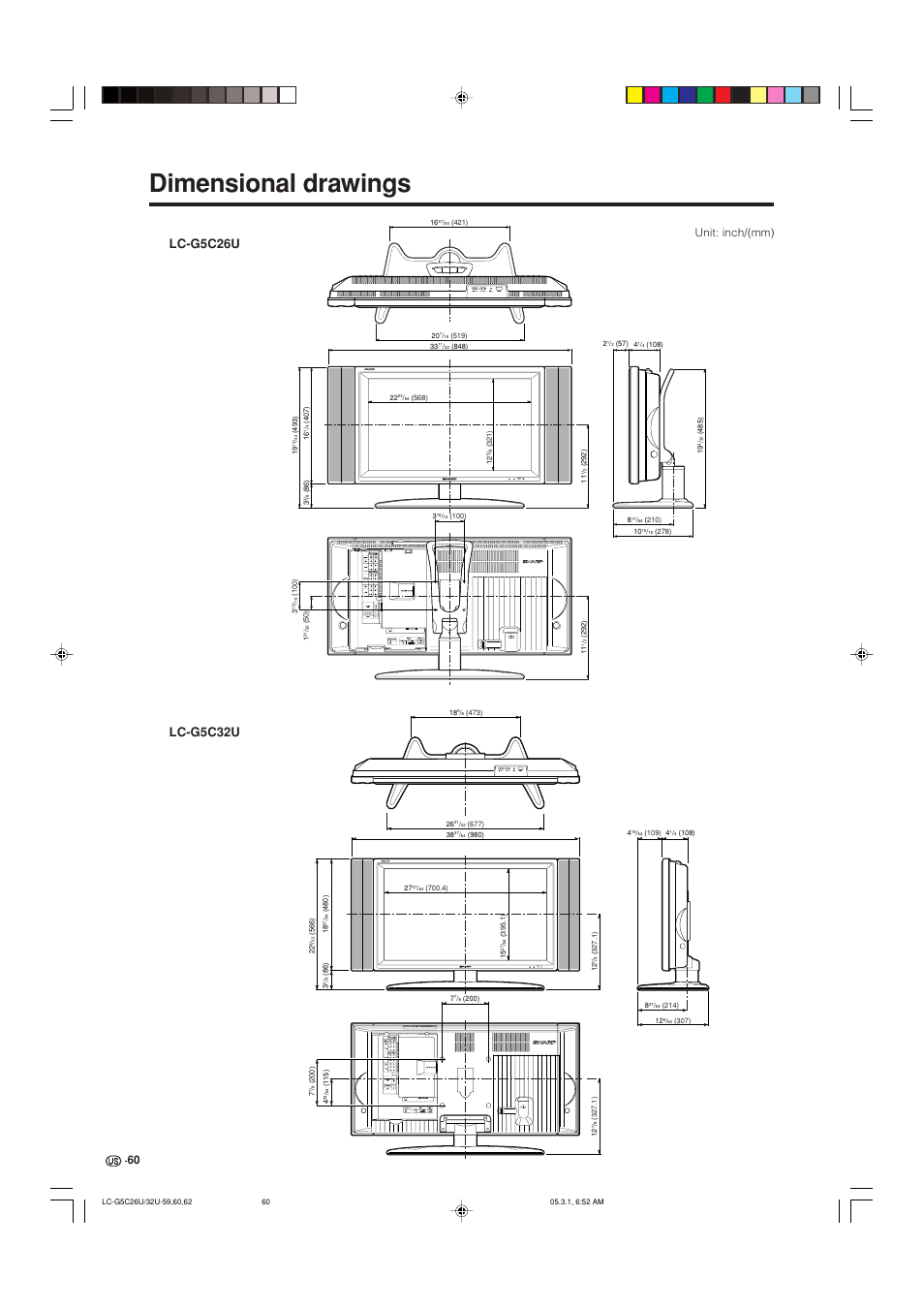 Dimensional drawings, Unit: inch/(mm) | Sharp Aquos LC G5C32U User Manual | Page 61 / 65