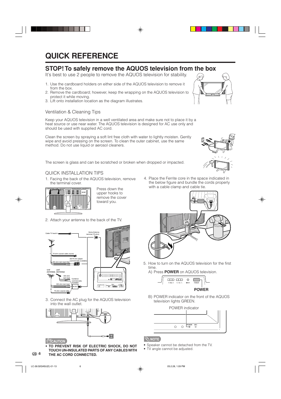 Quick reference, Ventilation & cleaning tips, Quick installation tips | Sharp Aquos LC G5C32U User Manual | Page 7 / 65