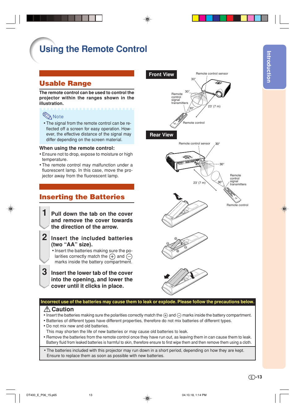 Using the remote control, Inserting the batteries, Usable range | Caution | Sharp DT-400 User Manual | Page 13 / 67