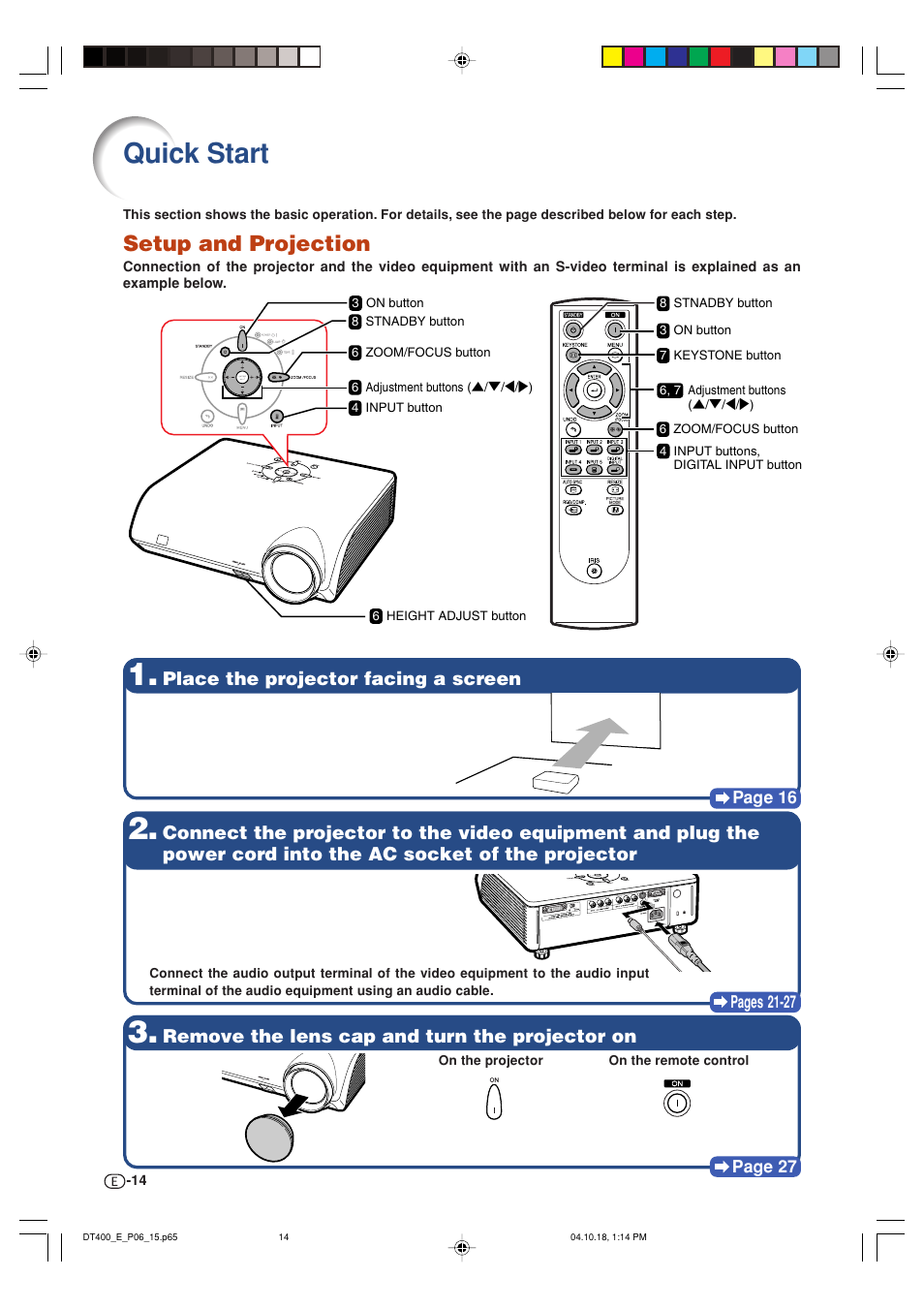 Quick start, Setup and projection, Place the projector facing a screen | Remove the lens cap and turn the projector on | Sharp DT-400 User Manual | Page 14 / 67