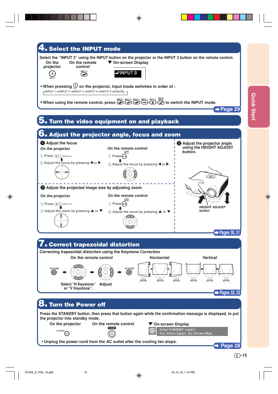 Select the input mode, Adjust the projector angle, focus and zoom, Turn the video equipment on and playback | Turn the power off, Correct trapezoidal distortion | Sharp DT-400 User Manual | Page 15 / 67