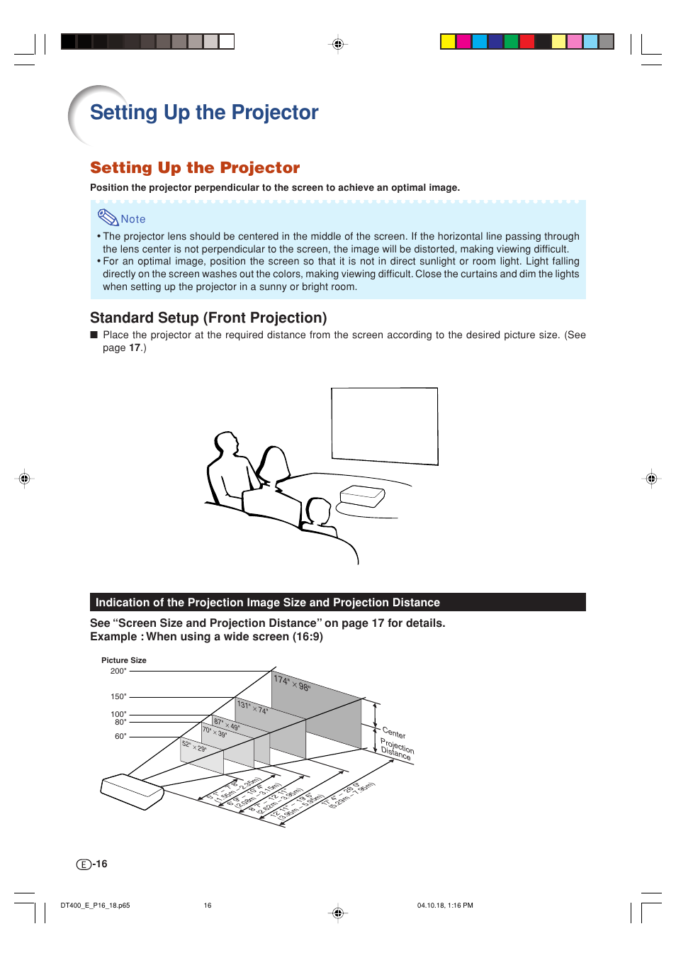 Setting up the projector, Standard setup (front projection) | Sharp DT-400 User Manual | Page 16 / 67