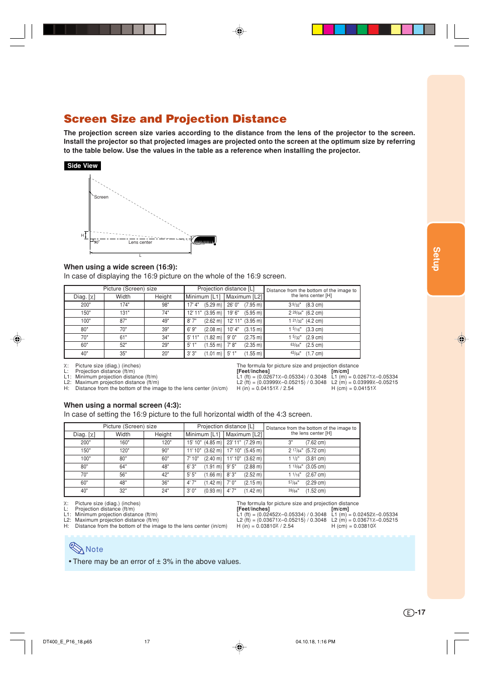 Screen size and projection distance, Setup, There may be an error of ± 3% in the above values | Sharp DT-400 User Manual | Page 17 / 67