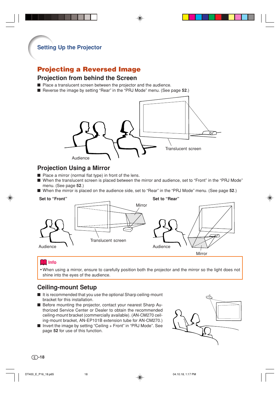 Projecting a reversed image, Projection from behind the screen, Projection using a mirror | Ceiling-mount setup, Setting up the projector | Sharp DT-400 User Manual | Page 18 / 67