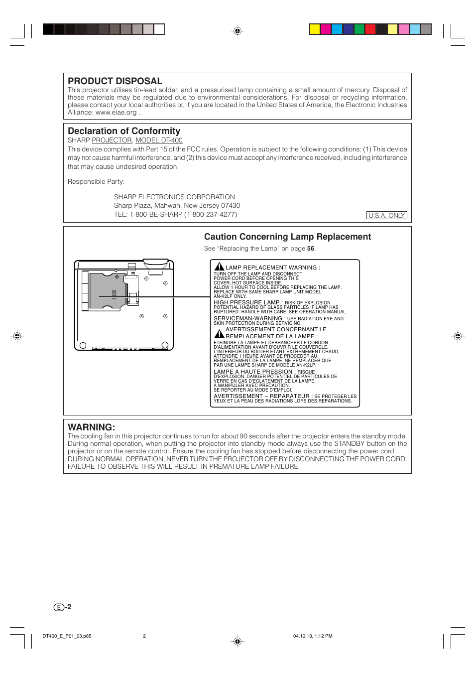 Product disposal, Declaration of conformity, Warning | Caution concerning lamp replacement | Sharp DT-400 User Manual | Page 2 / 67