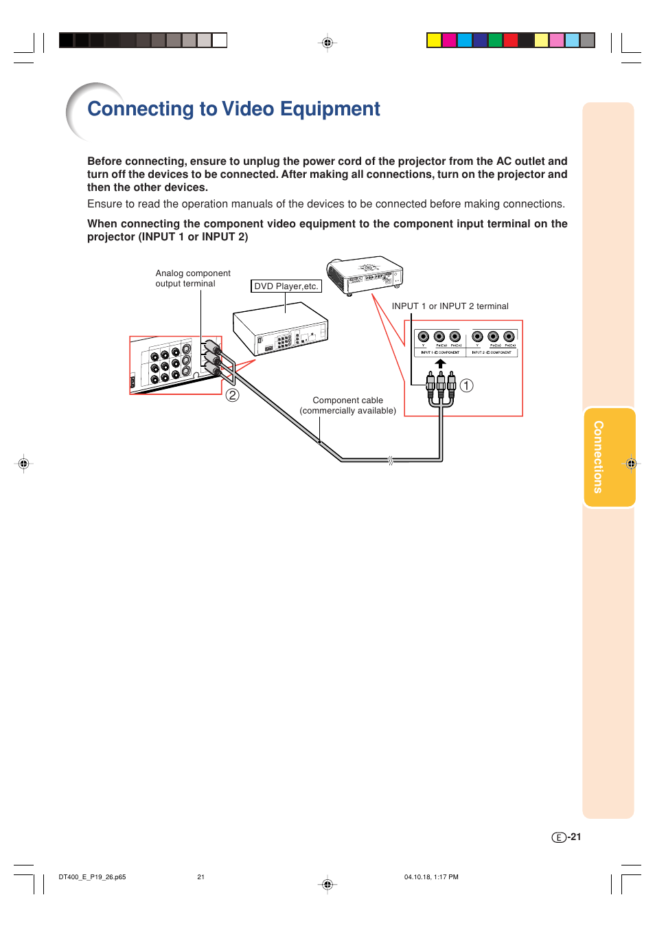 Connecting to video equipment | Sharp DT-400 User Manual | Page 21 / 67