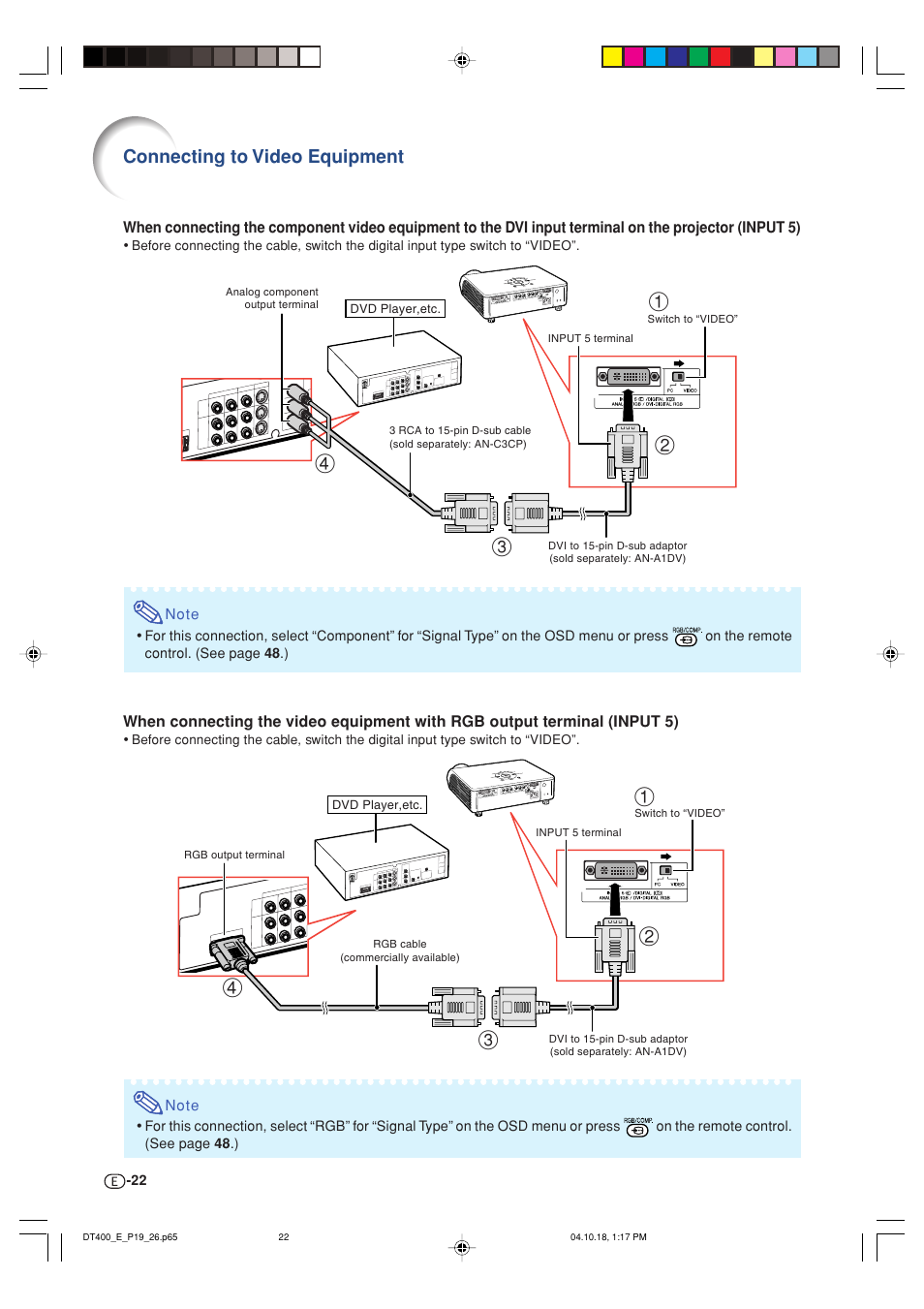 Connecting to video equipment | Sharp DT-400 User Manual | Page 22 / 67