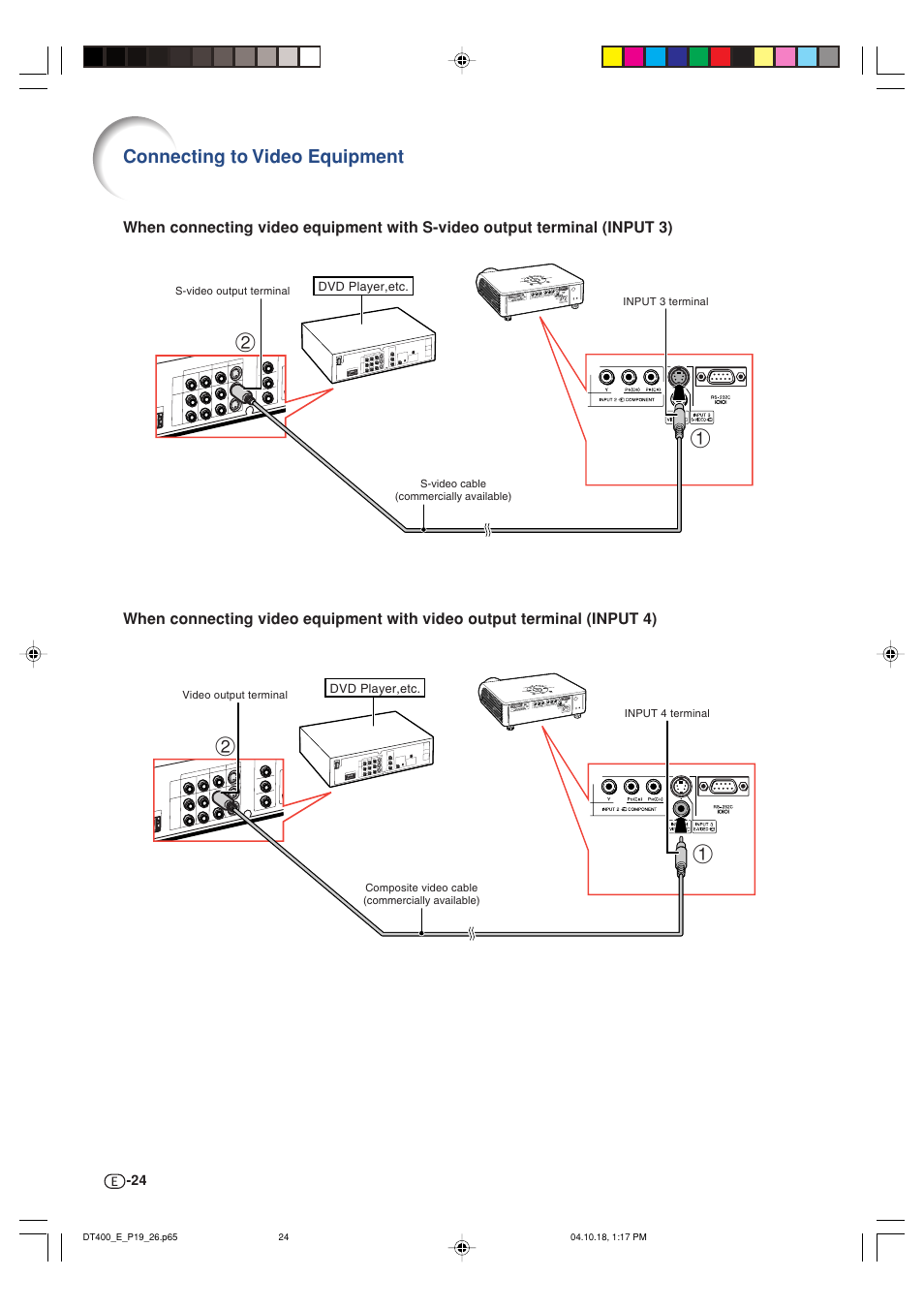 Connecting to video equipment | Sharp DT-400 User Manual | Page 24 / 67