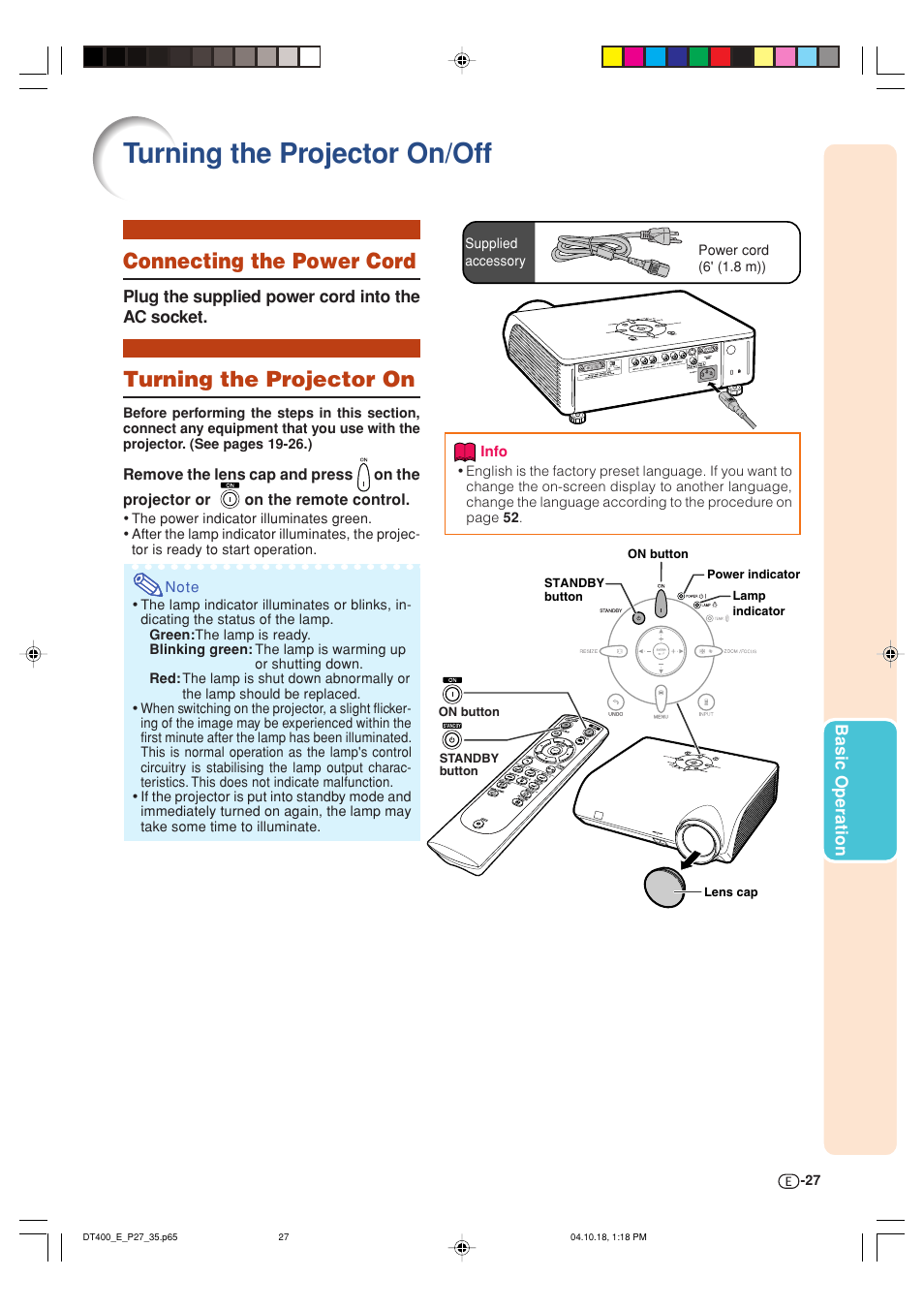 Turning the projector on/off, Connecting the power cord, Turning the projector on | Sharp DT-400 User Manual | Page 27 / 67