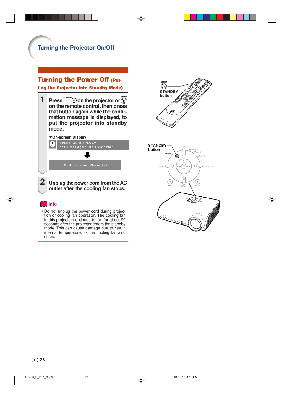 Turning the power off | Sharp DT-400 User Manual | Page 28 / 67