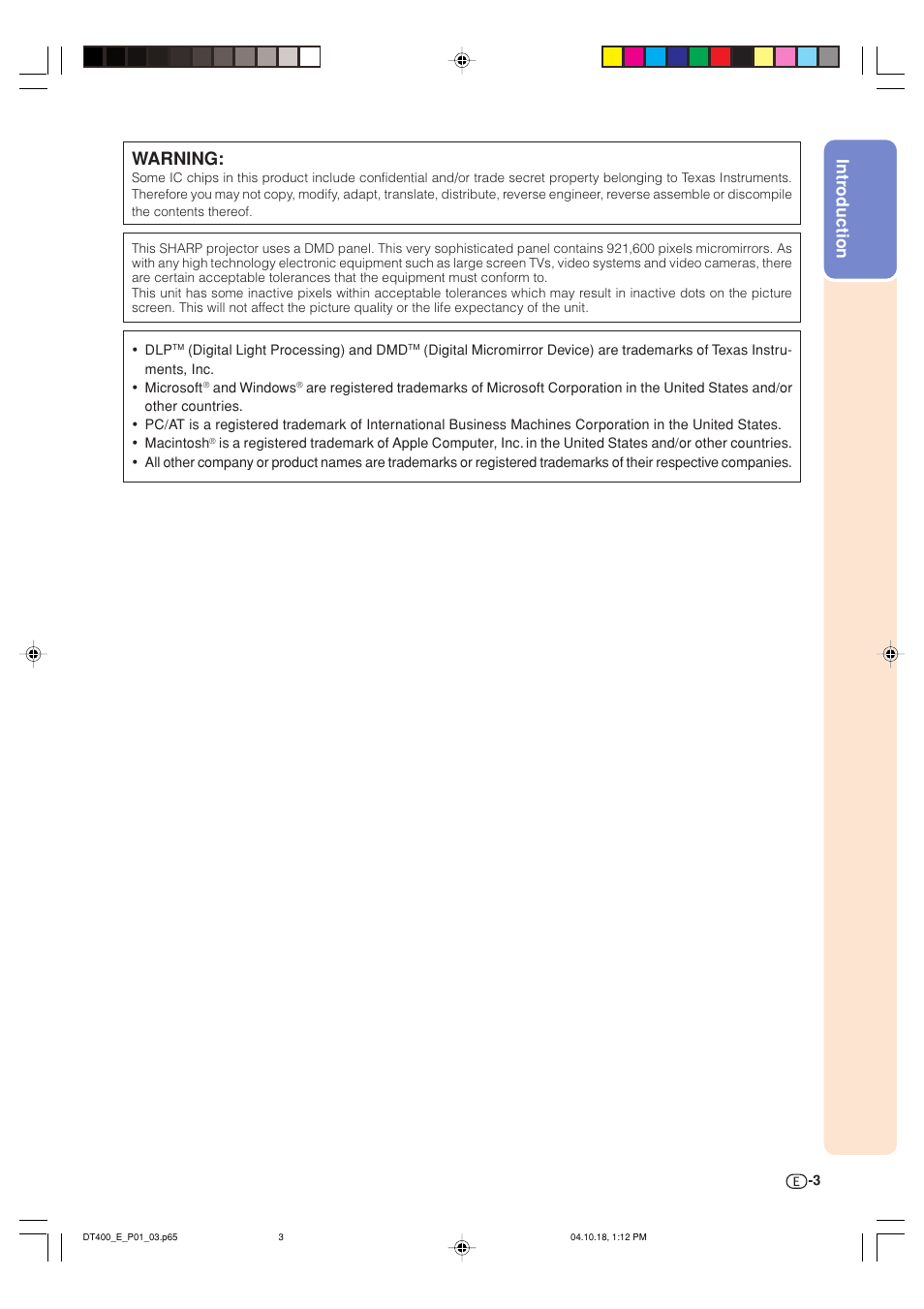 Warning, Intr oduction | Sharp DT-400 User Manual | Page 3 / 67