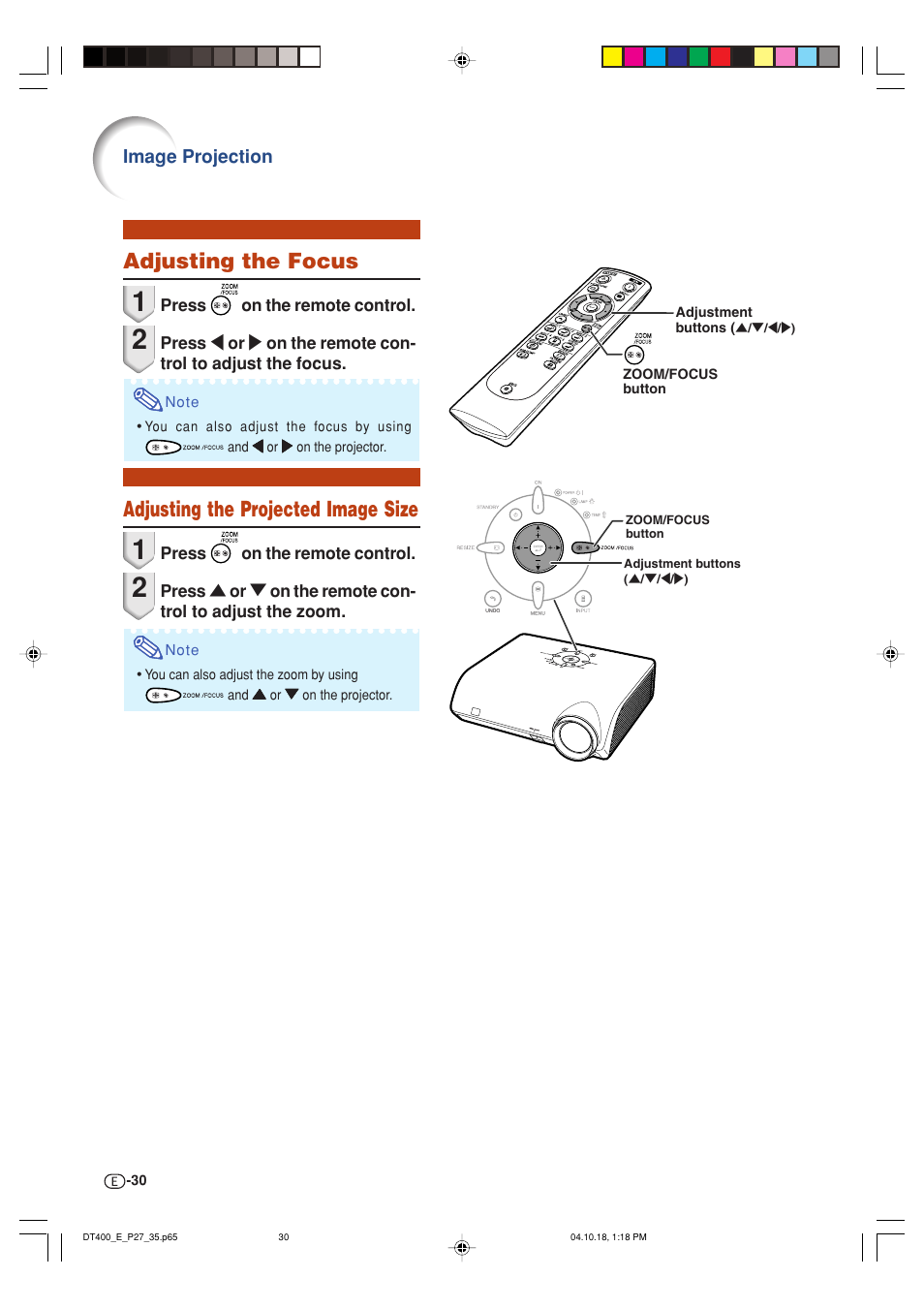 Adjusting the focus, Adjusting the projected image size | Sharp DT-400 User Manual | Page 30 / 67