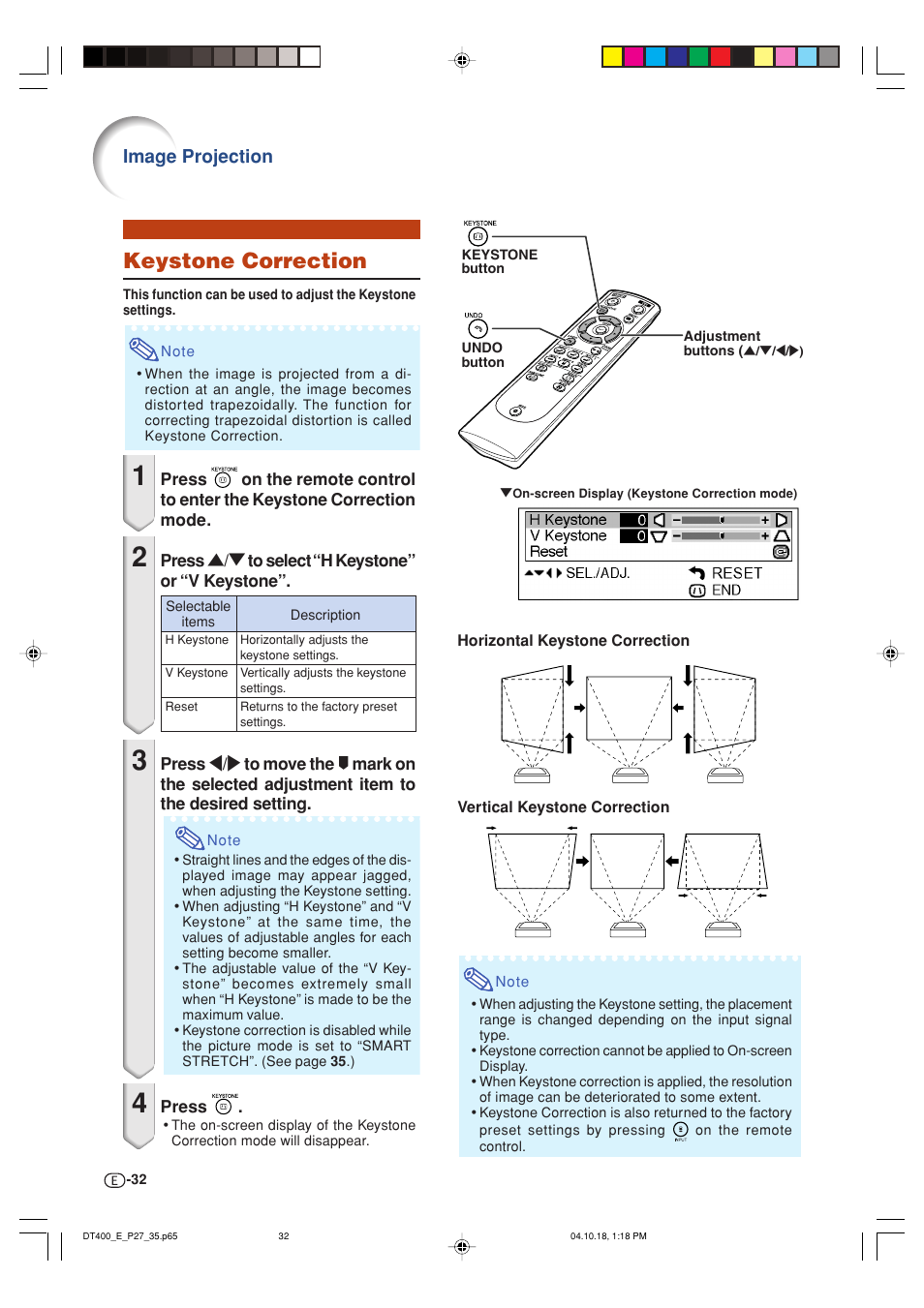 Keystone correction, Image projection | Sharp DT-400 User Manual | Page 32 / 67