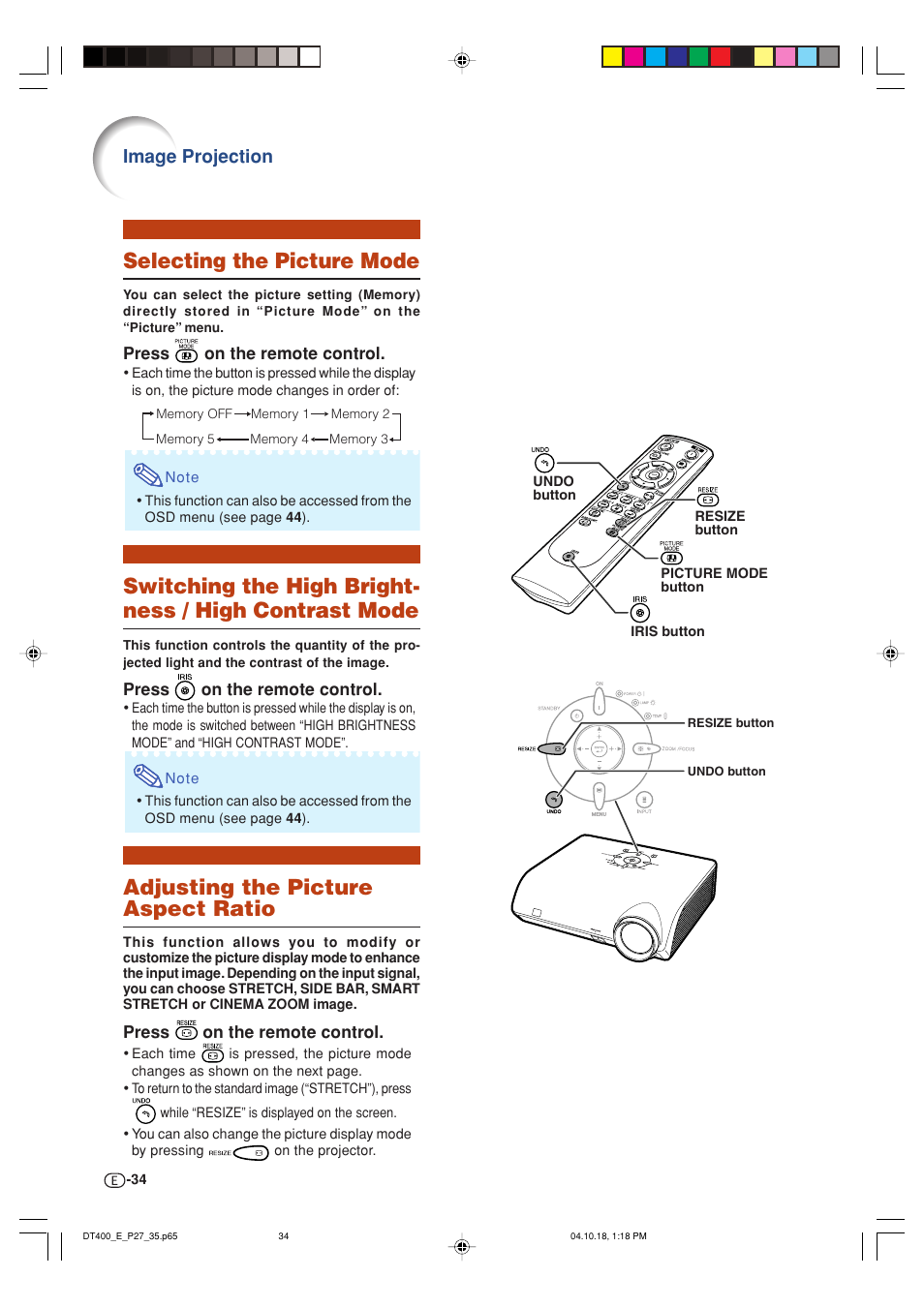 Selecting the picture mode, Adjusting the picture aspect ratio, Image projection | Sharp DT-400 User Manual | Page 34 / 67