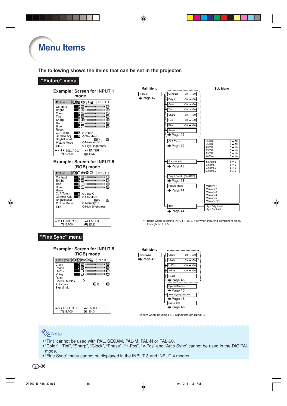 Menu items, Picture” menu “fine sync” menu, Example: screen for input 1 mode | Sharp DT-400 User Manual | Page 36 / 67