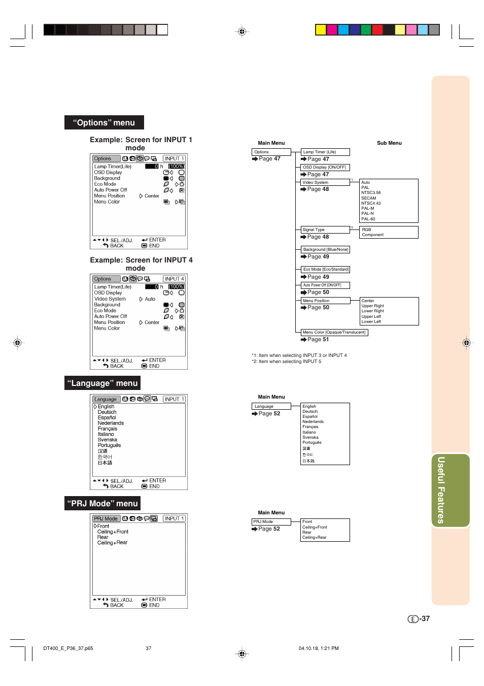 Useful features, Options” menu “language” menu, Prj mode” menu | Sharp DT-400 User Manual | Page 37 / 67