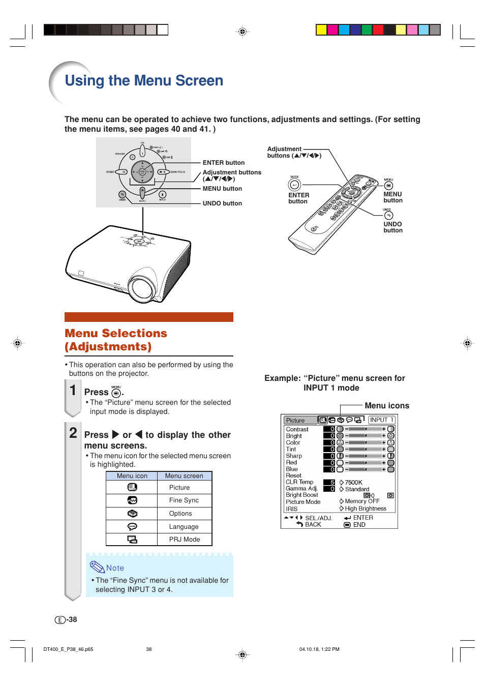 Using the menu screen, Menu selections (adjustments) | Sharp DT-400 User Manual | Page 38 / 67