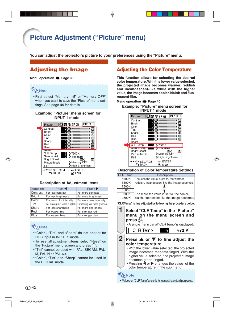 Picture adjustment (“picture” menu), Adjusting the image, Adjusting the color temperature | Sharp DT-400 User Manual | Page 42 / 67