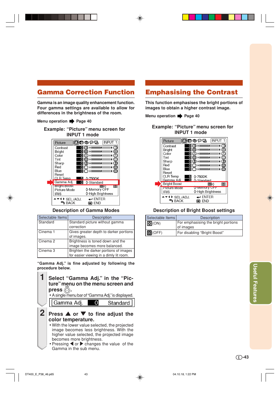 Gamma correction function, Emphasising the contrast | Sharp DT-400 User Manual | Page 43 / 67