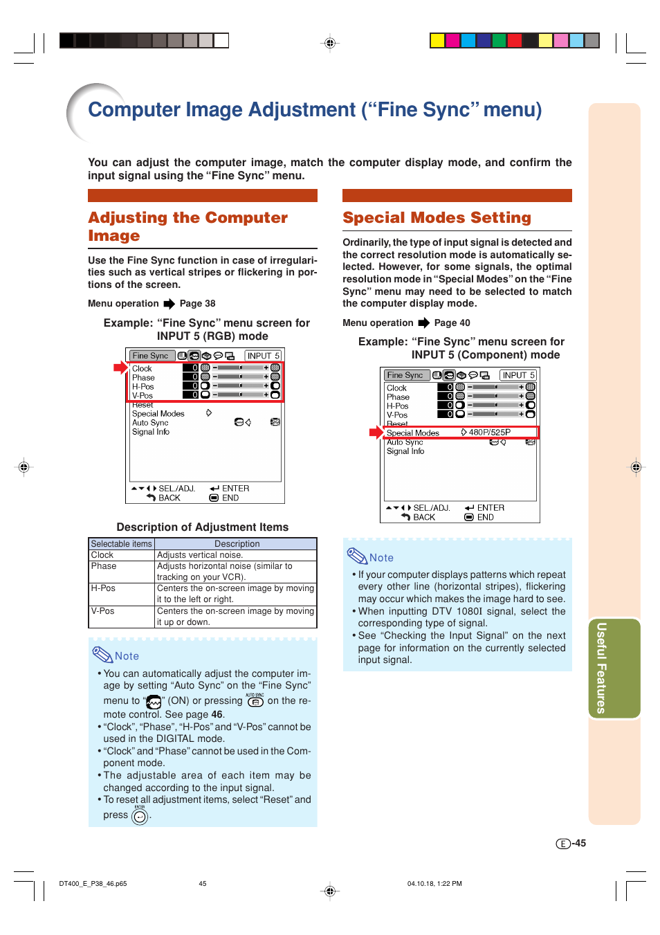 Computer image adjustment (“fine sync” menu), Adjusting the computer image, Special modes setting | Sharp DT-400 User Manual | Page 45 / 67