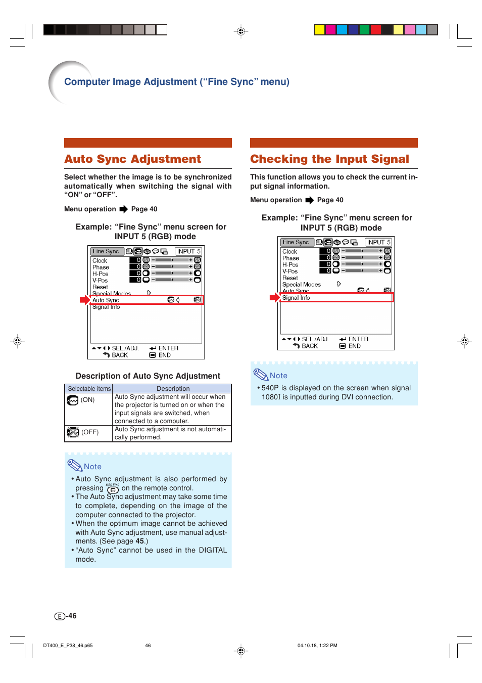 Auto sync adjustment, Checking the input signal, Computer image adjustment (“fine sync” menu) | Sharp DT-400 User Manual | Page 46 / 67
