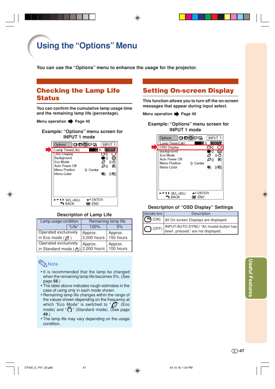 Using the “options” menu, Checking the lamp life status, Setting on-screen display | Sharp DT-400 User Manual | Page 47 / 67